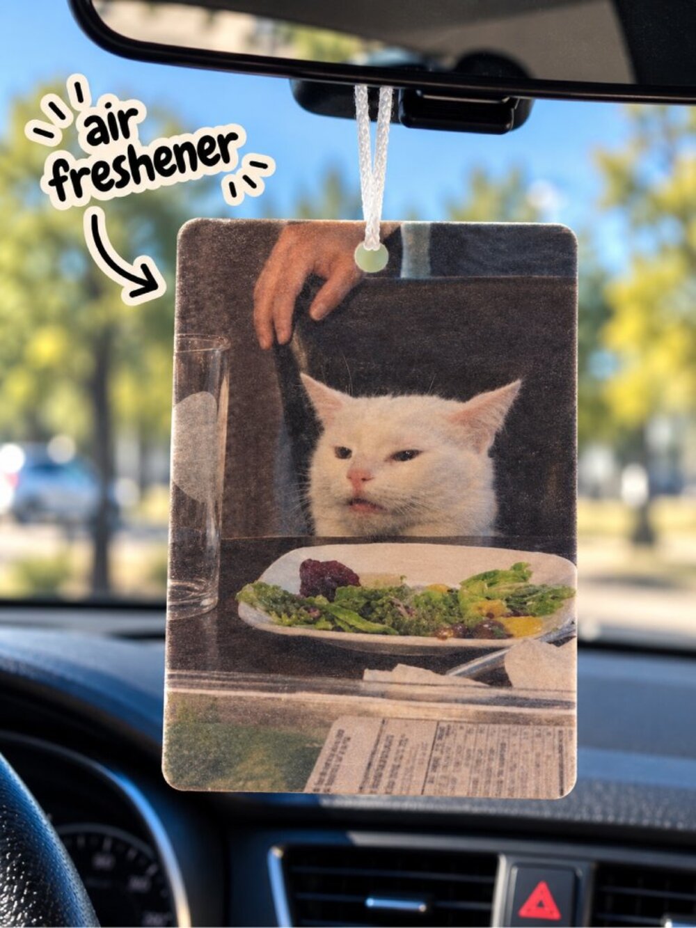 Smudge Cat Dinner Table Funny Meme Car Air Freshener – Hanging Car Accessory